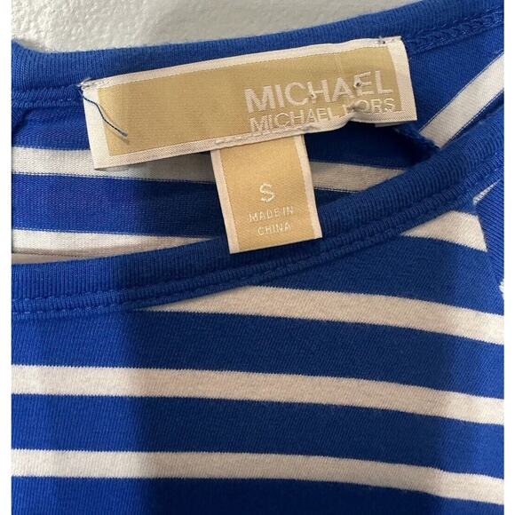 Michael Kors T-shirt Royal Blue & White Striped Gold Logo & Back Zip Size Small - Picture 3 of 7